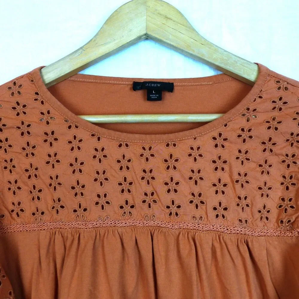 J.Crew Peasant Top Womens L Orange Eyelet Embroidered Cotton Boho Style AS023